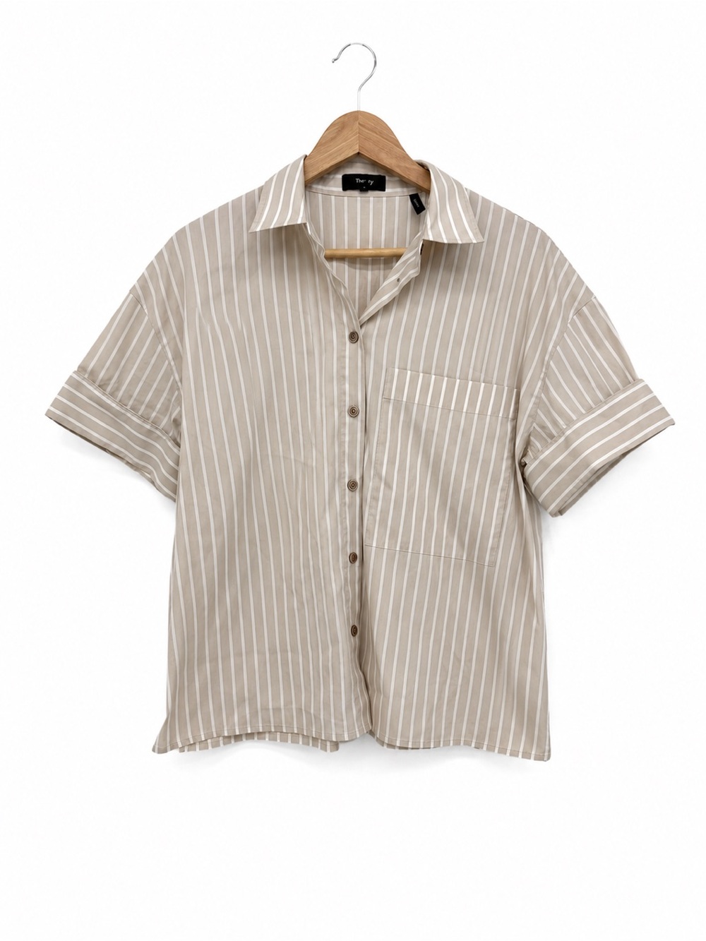 Theory Beige Ivory Striped Short Sleeve Button Up Shirt Size Small